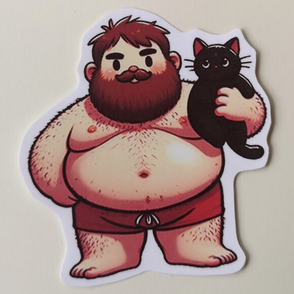 5 for 10$ - Man Holding a Black Cat Sticker Cute Dad Bod Bear Gay LGBT - Picture 1 of 1